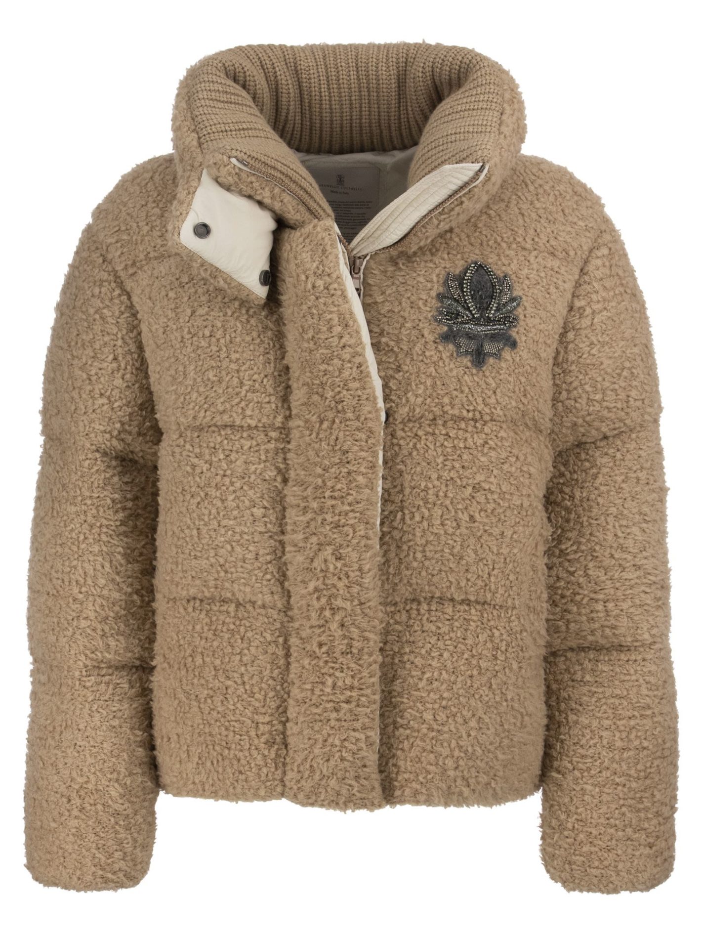 Fleecy cashmere knit down jacket with Swarovski® Crest - Bellettini.com